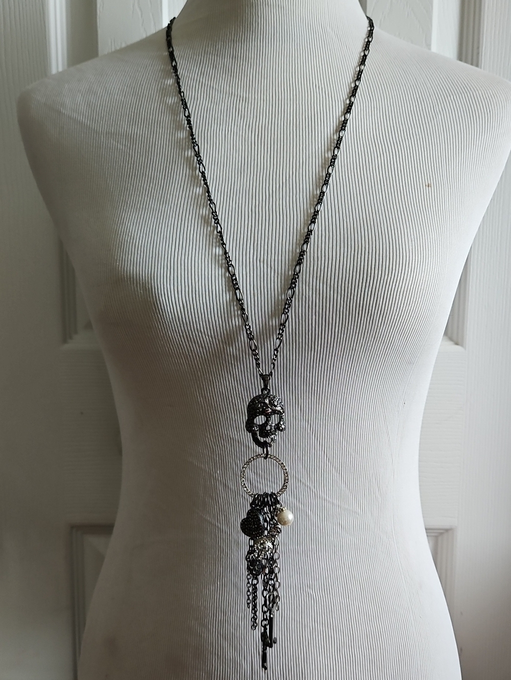 Long Black Gunmetal Pendant Necklace with Tassel
